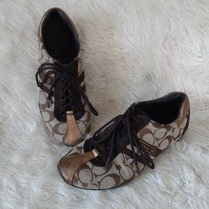 Coach Women's Metallic Gold and Brown Signature Lace Up Sneakers Size: 7.5M